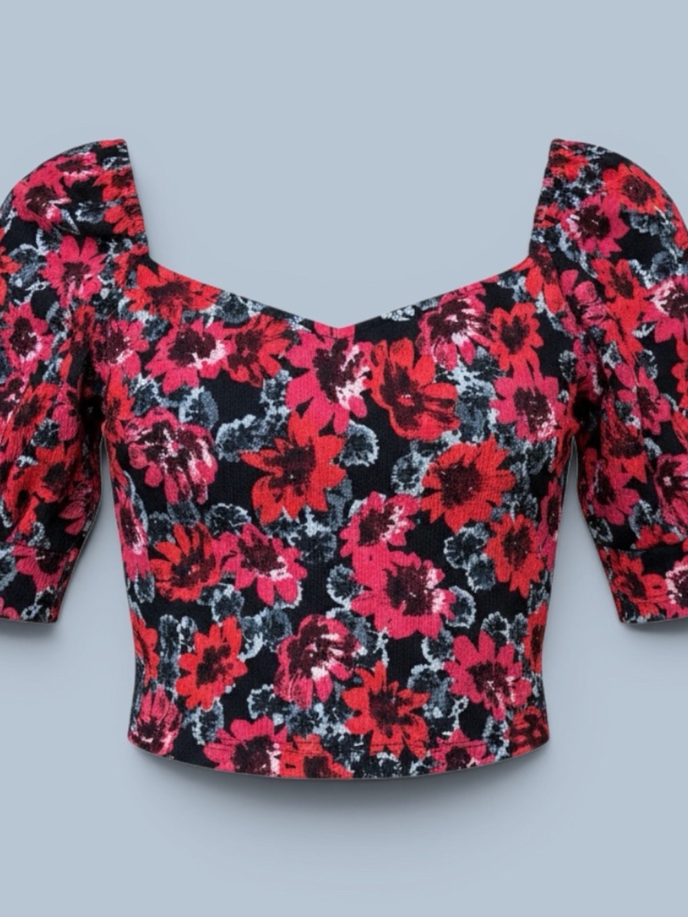H&M Divided Floral Sweetheart Puff-Sleeve Crop Top - Red & Black